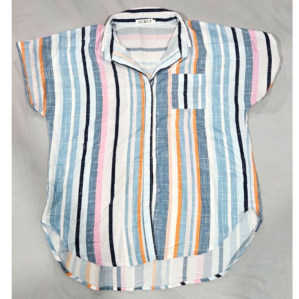 ZC&GF Striped Button Up Shirt Multicolor Short Sleeve Dolman Blouse Size M
